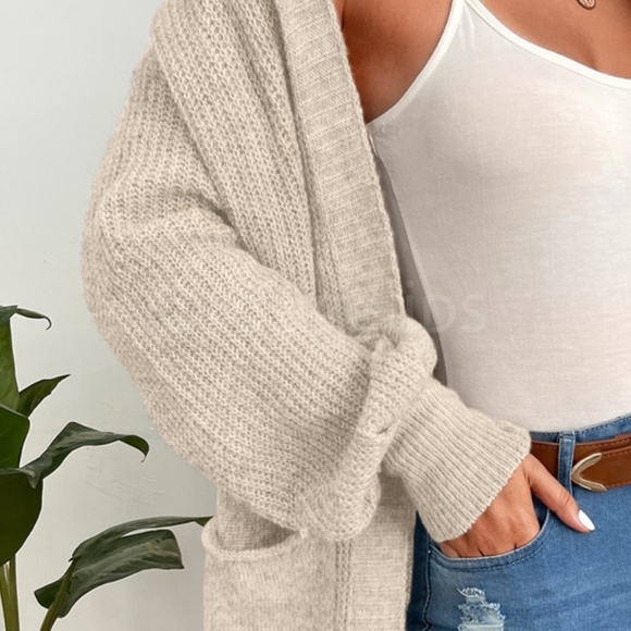 Oatmeal Beige Duster Cardigan Front Pockets Cable Knit Long Sleeve Midi Length - Picture 7 of 8